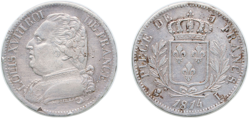France Kingdom 1814 L 5 Francs - Louis XVIII (dressed bust) Silver (.900) Bayonn...