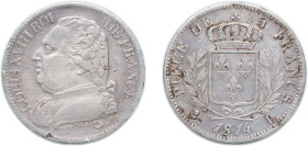 France Kingdom 1814 L 5 Francs - Louis XVIII (dressed bust) Silver (.900) Bayonne Mint (1901563) 25g VF KM 702.8