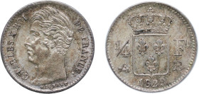 France Kingdom 1829 B ¼ Franc - Charles X Silver (.900) Rouen Mint (32008) 1.21g AU KM 722.2