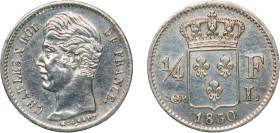 France Kingdom 1830 L ¼ Franc - Charles X Silver (.900) Bayonne Mint (15132) 1.26g XF KM 722.8