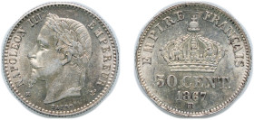 France Kingdom 1867 BB 50 Centimes - Napoleon III Silver (.835) Strasbourg Mint 2.5g AU KM 814.2