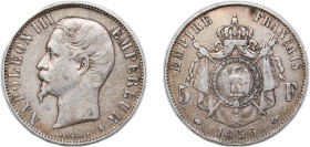 France Second Empire 1856 A 5 Francs - Napoleon III Silver (.900) Paris Mint (4678445) 24.91g VF F 330 Gad 734 KM 782.1
