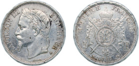 France Second Empire 1867 A 5 Francs - Napoleon III Silver (.900) Paris Mint (6511287) 25g VF KM 799.1