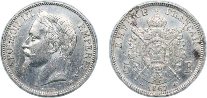 France Second Empire 1867 BB 5 Francs - Napoleon III Silver (.900) Strasbourg Mi...