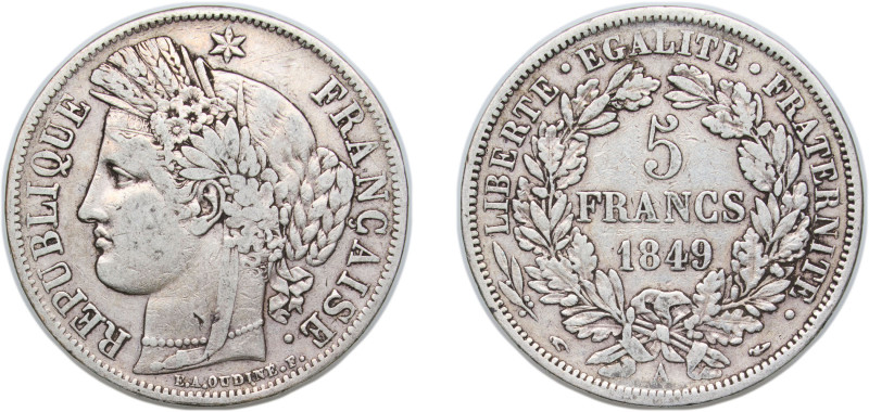 France Second Republic 1849 A 5 Francs Silver (.900) Paris Mint 24.74g VF F 327 ...