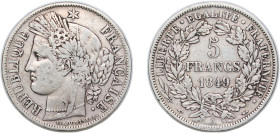 France Second Republic 1849 A 5 Francs Silver (.900) Paris Mint 24.74g VF F 327 KM 761.1 Gad 719