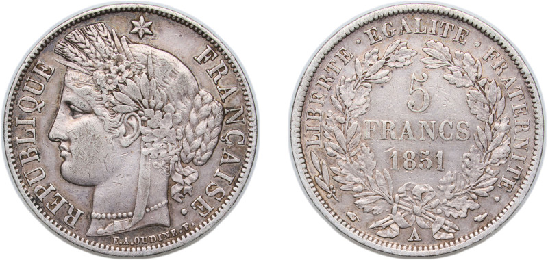 France Second Republic 1851 A 5 Francs Silver (.900) Paris Mint (13142644) 24.89...