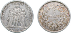 France Third Republic 1871 A 5 Francs Silver (.900) Paris Mint (237906) 24.89g XF KM 820.1