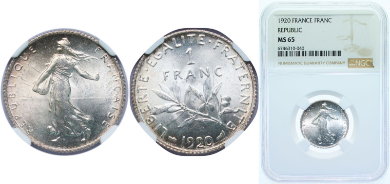 France Third Republic 1920 1 Franc Silver (.835) Paris Mint (19321795) 5g NGC MS...