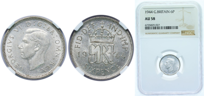 Great Britain United Kingdom 1944 6 Pence - George VI (1st coinage) Silver (.500...