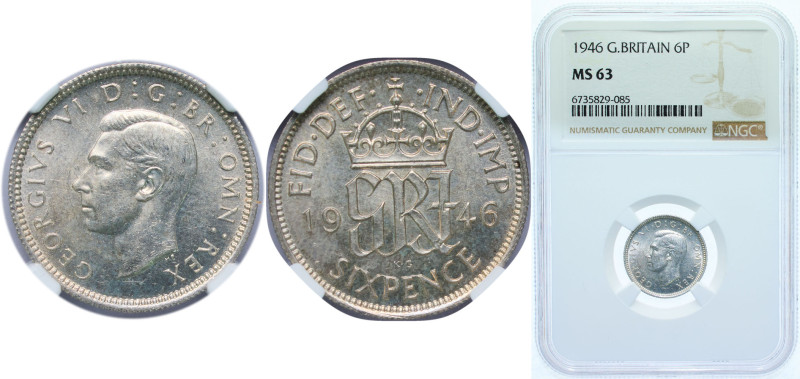 Great Britain United Kingdom 1946 6 Pence - George VI (1st coinage) Silver (.500...