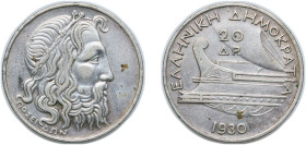Greece Second Hellenic Republic 1930 20 Drachmai Silver (.500) Royal Mint (Tower Hill) (11500000) 11.29g VF KM 73 Schön 14
