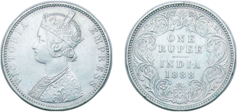 India India - British Raj 1888 B raised 1 Rupee - Victoria Silver (.917) Bombay ...