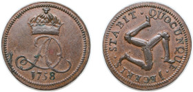 Isle of Man British dependency 1758 ½ Penny - James Murray Copper (72000) 5.73g XF KM 6