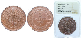 Italy Papal States Italian states 1854 R 5 Baiocchi - Pio IX (Larger shield) Copper Rome Mint (1977000) 42g NGC MS65 Top Pop KM 1356