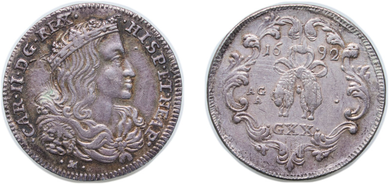 Italy Kingdom of Naples Italian states 1692 AG-A 1 Tari - Carlos II Silver 4.26g...