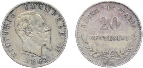 Italy Kingdom 1863 M BN 20 Centesimi - Victor Emmanuel II Silver (.835) Milan Mint (27844963) 0.92g VF KM 13