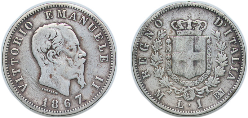 Italy Kingdom 1867 M BN 1 Lira - Victor Emmanuel II Silver (.835) Milan Mint (76...