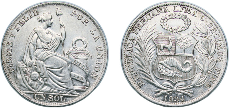 Peru Republic 1934 1 Sol Silver (.500) Lima Mint (2855000) 25g AU KM 218