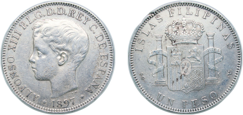 Philippines Spanish colony 1897 1 Peso - Alfonso XIII Silver (.900) Manila Mint ...