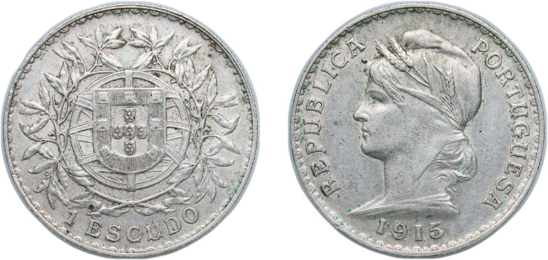 Portugal First Republic 1915 1 Escudo Silver (.835) Lisbon Mint (1818000) 25g XF...