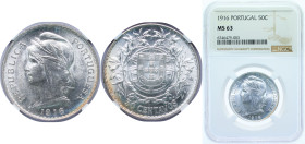 Portugal First Republic 1916 50 Centavos Silver (.835) Lisbon Mint (5080000) 12.5g NGC MS 63 KM 561 Gomes R 18