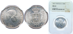 Portugal Kingdom 1891 500 Réis - Carlos I Silver (.917) Lisbon Mint (12476000) 12.5g NGC MS 63 KM 535 Gomes C1 11