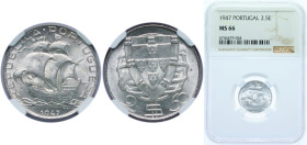 Portugal Second Republic 1947 2.50 Escudos Silver (.650) Lisbon Mint (2610000) 3.5g NGC MS 66 KM 580 Gomes R 30