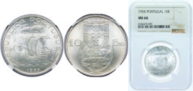 Portugal Second Republic 1955 10 Escudos Silver (.680) Lisbon Mint (4055650) 12.5g NGC MS 66 KM 586 Gomes R 44