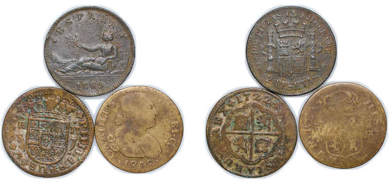 Spain Lot 3 Contemporary counterfeit 2 Pesetas 1869 , 2 Reales 1722 ,2 Reales 18...