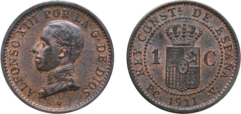 Spain Kingdom 1911 *1 PCV 1 Centimo - Alfonso XIII (5th portrait) Bronze Madrid ...