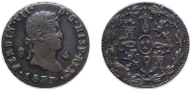 Spain Kingdom 1833 4 Maravedis - Fernando VII Copper Segovia Mint 5.47g VF KM 48...