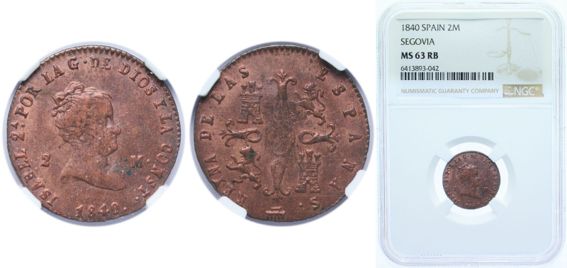 Spain Kingdom 1840 2 Maravedis - Isabel II Copper Segovia Mint 2.5g NGC MS 63 RB...