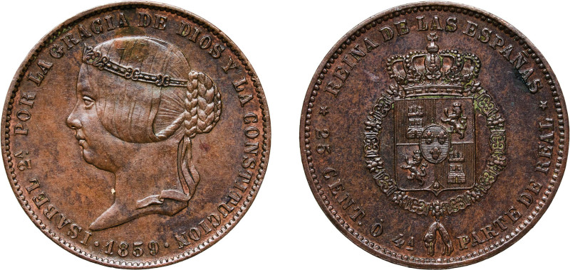 Spain Kingdom 1859 25 Centimos - Isabel II (Pattern) Copper 8.18g UNC Cal-185