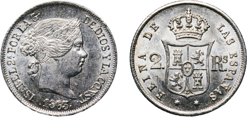 Spain Kingdom 1863 2 Reales - Isabel II Silver (.900) Seville Mint 2.6g UNC KM 6...