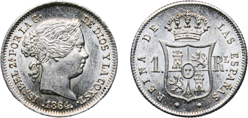 Spain Kingdom 1864 1 Real - Isabel II Silver Seville Mint 1.31g UNC KM 606