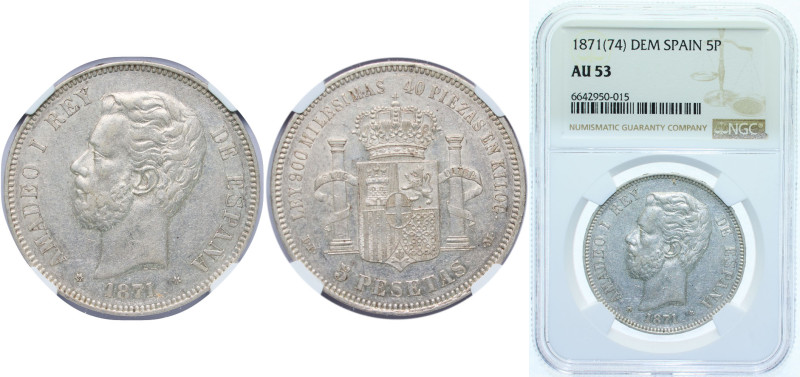 Spain Kingdom 1871 *18-74 DEM 5 Pesetas - Amadeo I Silver (.900) Madrid Mint (50...