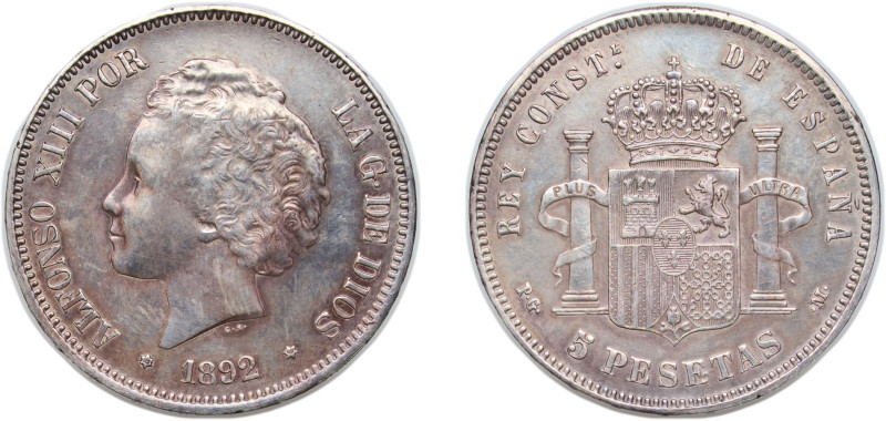 Spain Kingdom 1892 *18-92 PGM 5 Pesetas - Alfonso XIII (2nd portrait) Silver (.9...