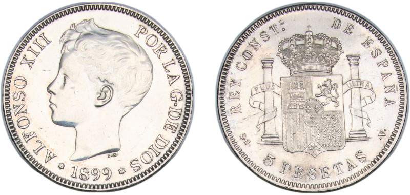 Spain Kingdom 1899 *18-99 SGV 5 Pesetas - Alfonso XIII (3rd portrait) Silver (.9...