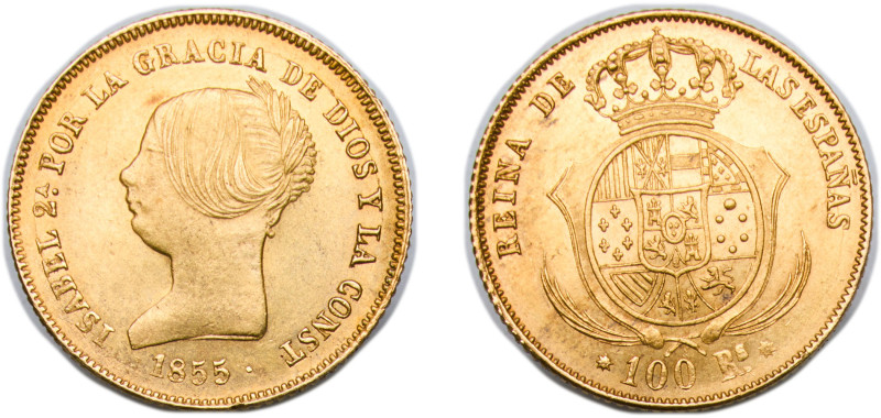 Spain Kingdom 1855 100 Reales - Isabel II Gold (.900) Barcelona Mint 8.3g UNC KM...