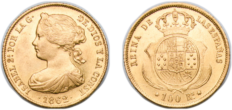 Spain Kingdom 1863 100 Reales - Isabel II Gold (.900) Seville Mint 8.4g UNC KM 6...