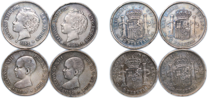 Spain Kingdom 1888-1894 5 Pesetas (4 Lots) Silver Madrid Mint VF