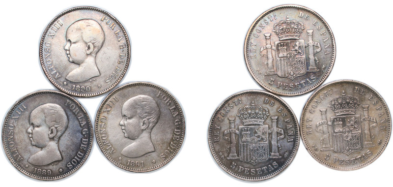 Spain Kingdom 1889-1891 5 Pesetas - Alfonso XIII (1st portrait, 3 Lots) Silver (...