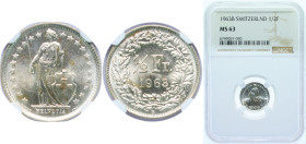 Switzerland Federal State 1963 B ½ Franc (Helvetia standing) Silver (.835) (16.5% copper) Bern Mint (25168000) 2.5g NGC MS 63 HMZ 2 1206 Divo/Tob19 30...