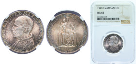 Vatican City City State 1940 10 Lire - Pivs XII Silver (.835) Rome Mint (10000) 10g NGC MS65 Top Pop KM 29
