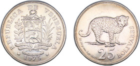 Venezuela Fourth Republic 1975 25 Bolívares (Jaguar) Silver (.925) Royal Mint (38292) 28.8g BU Y 46 NCV mv25bs-aa