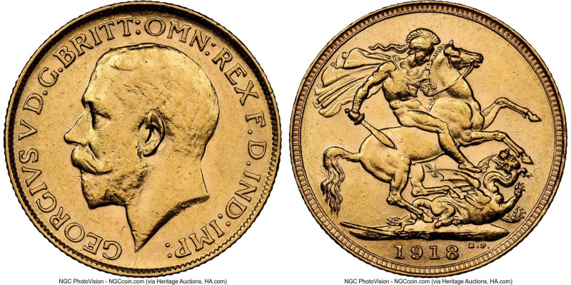 George V gold Sovereign 1918-S AU58 NGC, Sydney mint, KM29, S-4003. HID098012420...