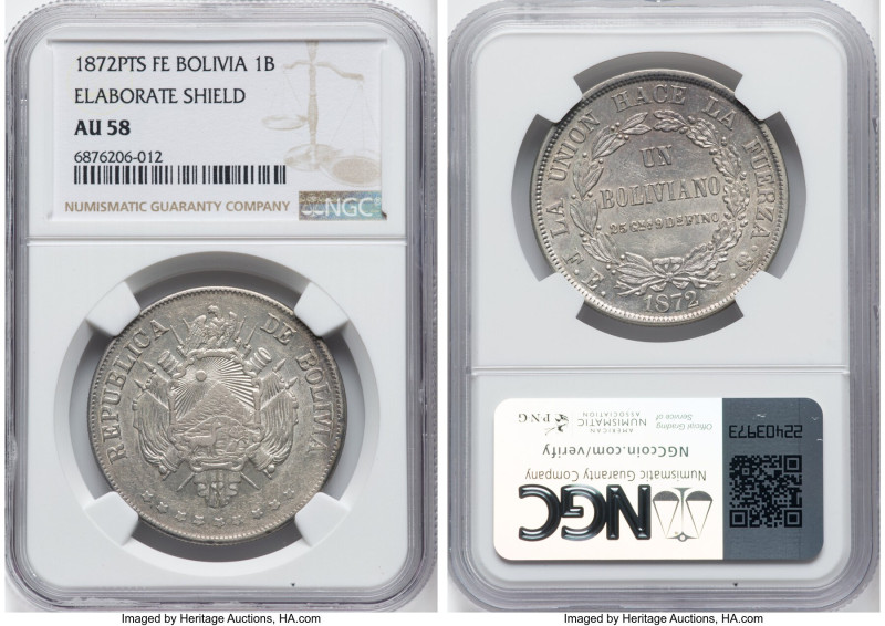 Republic Boliviano 1872 PTS-FE AU58 NGC, Potosi mint, KM155.4. Elaborate shield ...