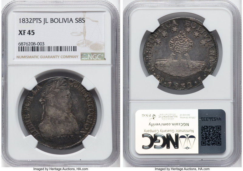 Republic 8 Soles 1832 PTS-JL XF45 NGC, Potosi mint, KM97. Original aged toning w...