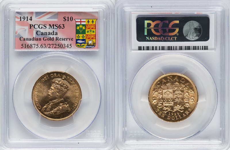 George V gold 10 Dollars 1914 MS63 PCGS, Ottawa mint, KM27, Fr-3. Canadian gold ...